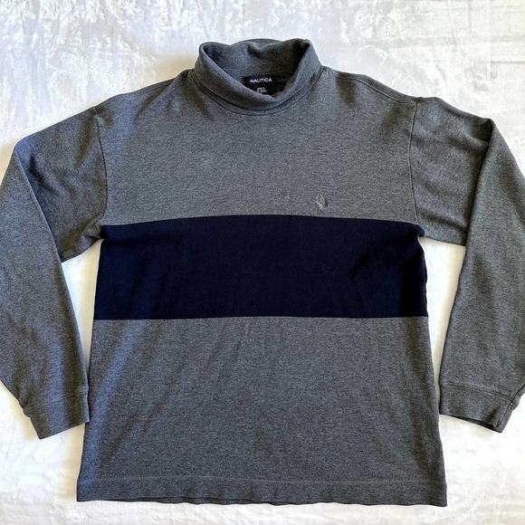 Nautica | Turtle Neck Knitted Sweater | Gray, Blue | Size: Large - Picture 2 of 7